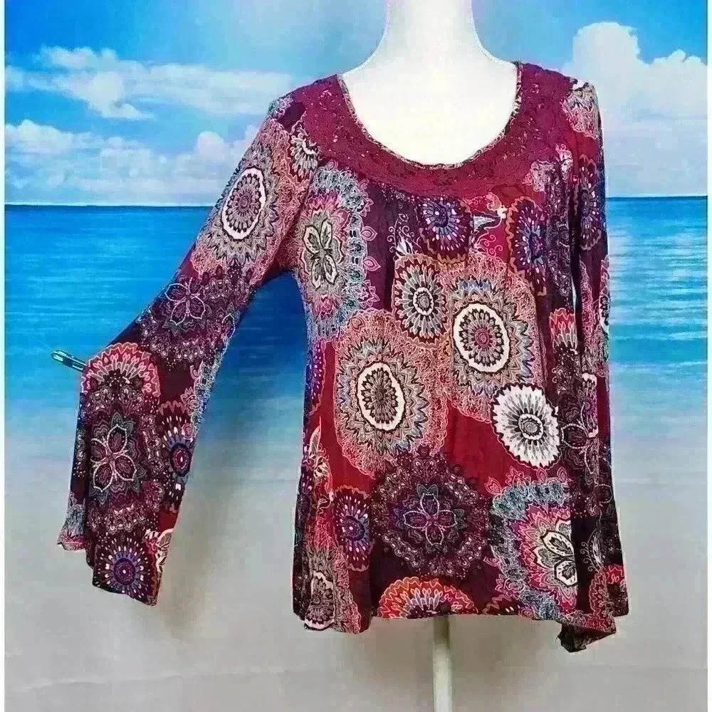 ENERGE' Womans CRANBERRY BURGUNDY Shirt LONG Sleeves Top Crotchet Neck size Med - Picture 5 of 6